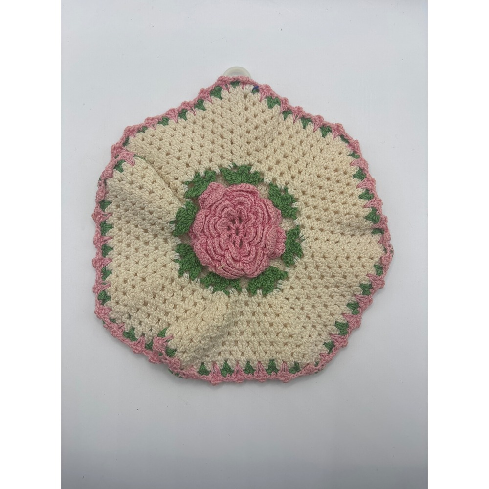 Vintage Handmade Crochet Potholder Pink 3D Rose Floral Cream Cottagecore Hot Pad